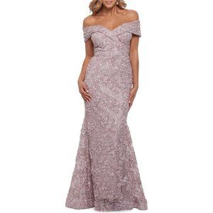 Xscape Womens Sz 4 Taupe Off the Shoulder Embroidered Lace Long Gown Dress